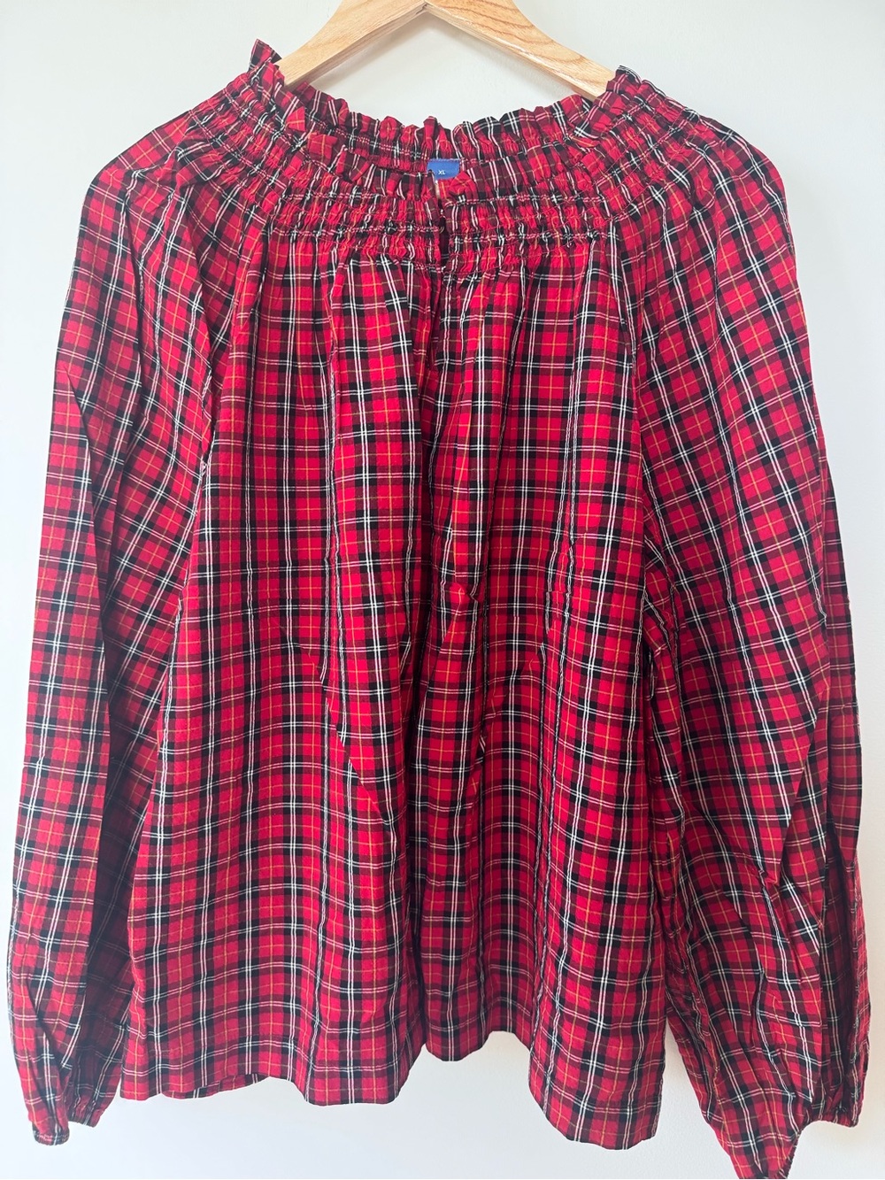 Old Navy XL Red Plaid Smocked Peasant Top Long Sleeve Cottagecore Boho